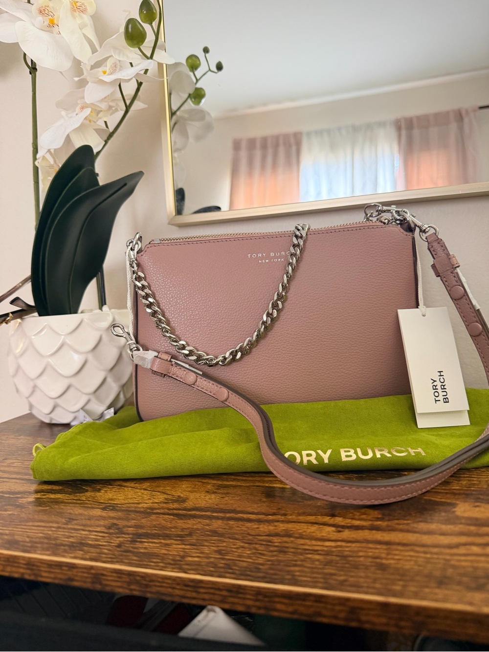 Tory Burch Pebbled Leather Crossbody — Dusty Rose